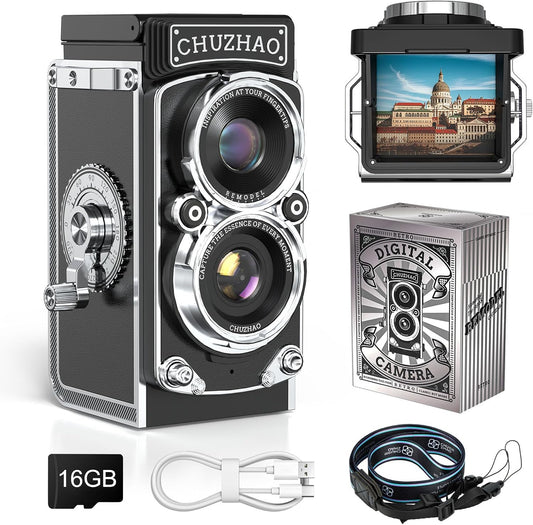 Vintage Mini Digital Camera,1080P FHD Video 12MP Autofocus Vlogging Camera with 16 GB Card, Black and White Filter, Point and Shoot Digital Camera for Beginners Teens Adults Kids