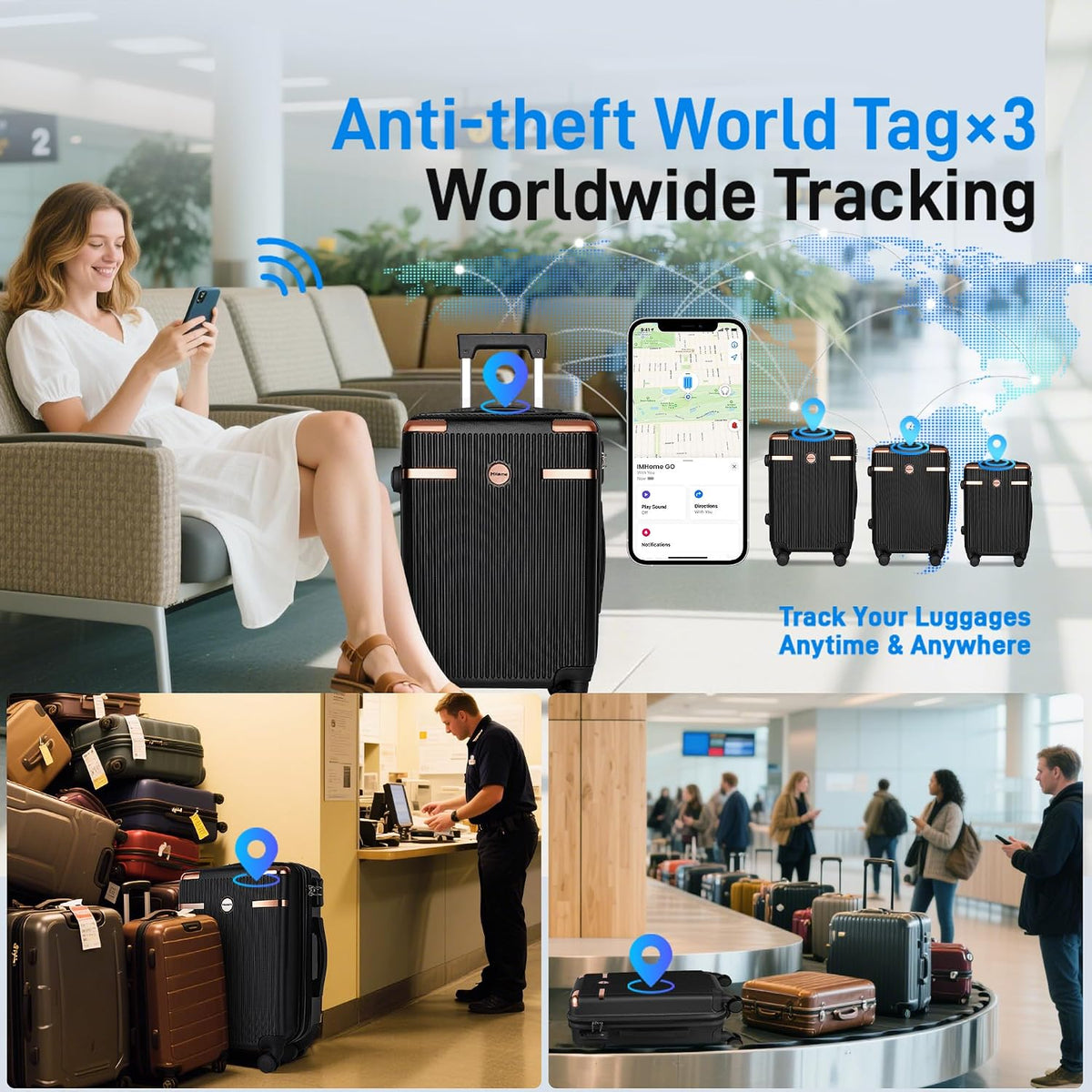 IMHome 3-Pc Luggage Set with GPS Tracker, 20/24/28'' Suitcases for Airplane