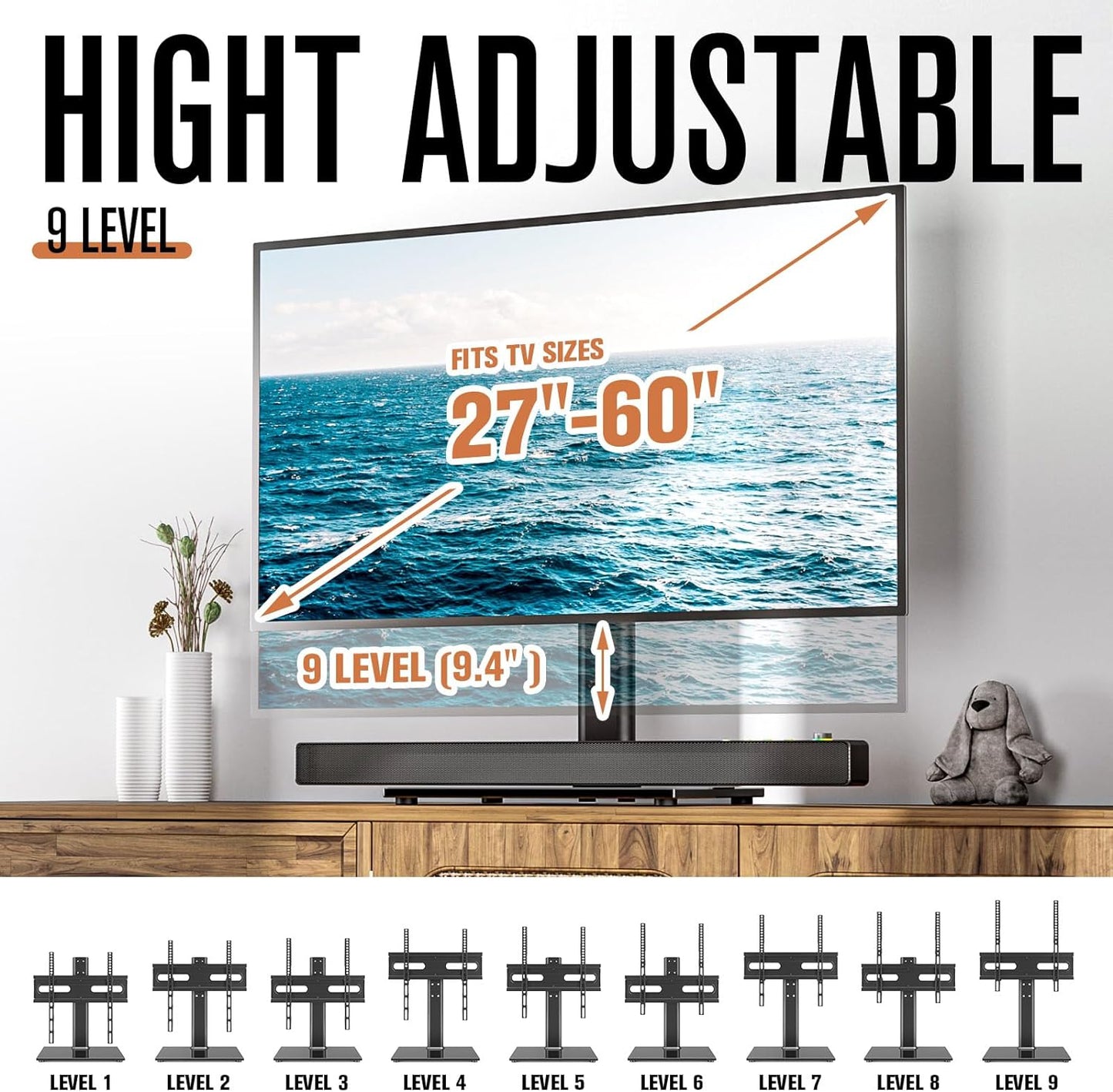 Universal TV Stand/Base Table Top TV Stand with Wall Mount for 27 to 55 inch 9 Level Height Adjustable, Heavy Duty Tempered Glass Base, Holds up to 88lbs Screens, HT06B-001