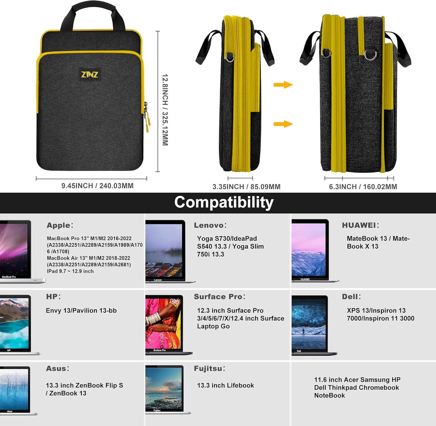 ZINZ Slim & Expandable Case 12.9 13 inch Travel Laptop Shoulder Bag for MacBook Air 13" M3/M2/M1, MacBook Pro 13" M2/M1, iPad Pro 12.9"/13"/11", iPad Air 13",L01G03 - PuriLite