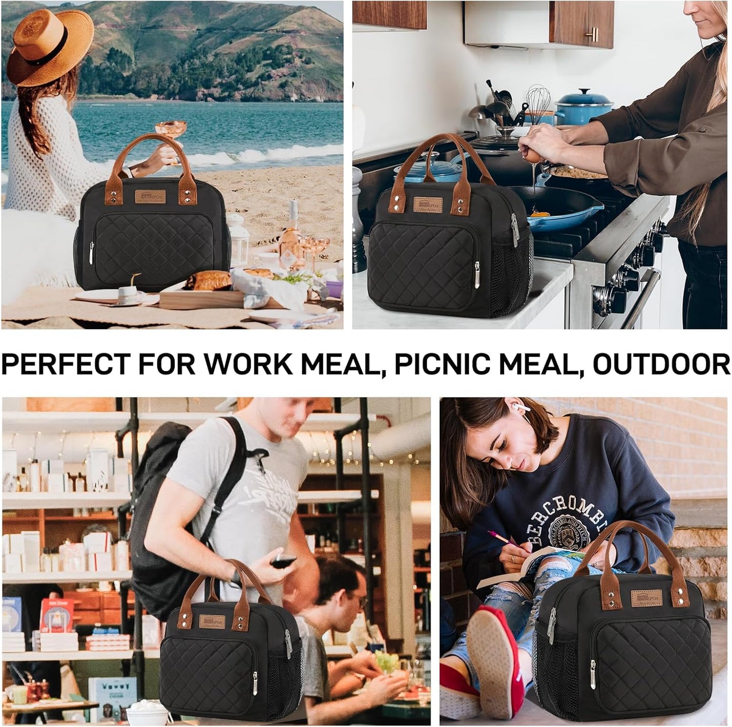 HOMESPON Lunch Bag for Woman Man Adults with Front Pocket Insulated Lunch Tote Lunch Box Container for Work Picnic or Travel(Black)