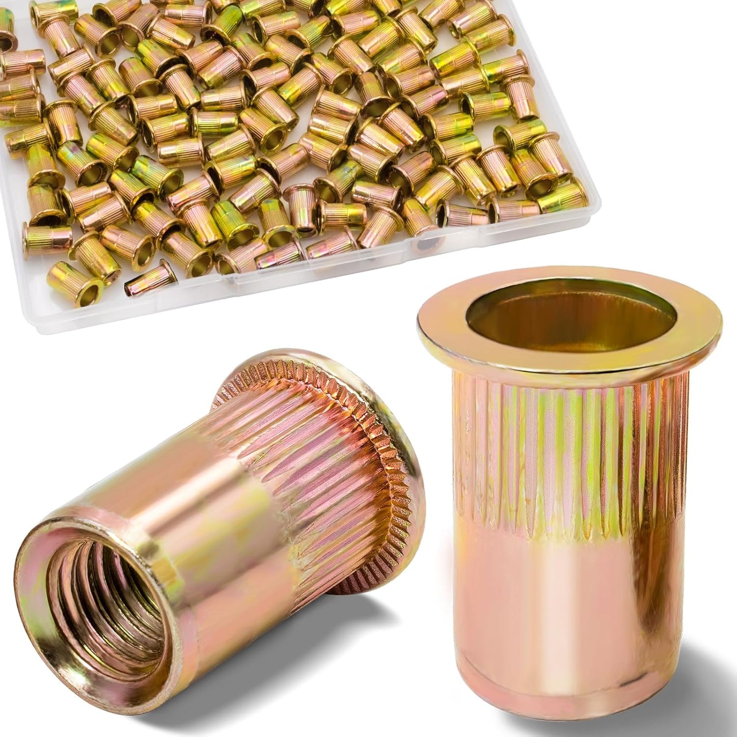 Vifmy Metric & SAE Rivet Nut Assortment Kit(420 Pcs),m3 m4 m5 m6 m8 m10 m12#6-32#8-32#10-24 1/4"-20 5/16"-18 3/8"-16 UNC Flat Head Rivnut Set,Zinc Plated Finish Carbon Steel Nutsert