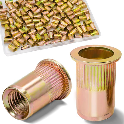 Vifmy Metric & SAE Rivet Nut Assortment Kit(420 Pcs),m3 m4 m5 m6 m8 m10 m12#6-32#8-32#10-24 1/4"-20 5/16"-18 3/8"-16 UNC Flat Head Rivnut Set,Zinc Plated Finish Carbon Steel Nutsert