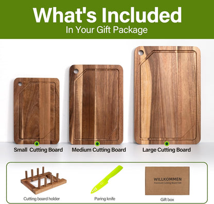 Bamboo Cutting Board Set of 3, Cutting Boards for Kitchen with Juice Groove, Bamboo Chopping Board Set, Serving Board Set for Meat, Fruit Vegetable and Cheese