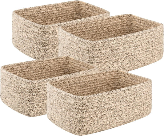 4-Pack Small Woven Rope Storage Baskets for Shelves, Mini Cotton Organizer Bins for Towels, Toys, Nursery & Closet, Decorative Brown Storage Containers (13" x 8.66" x 5.11") - PuriLite