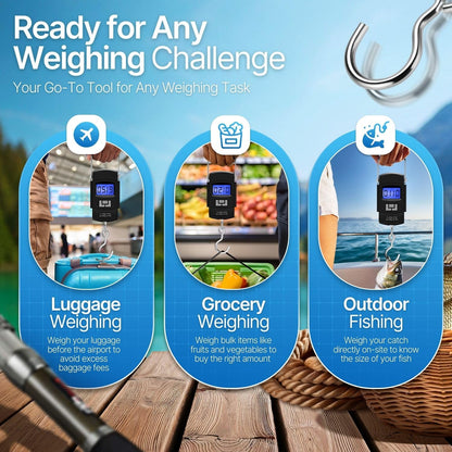 Flexzion Digital Hanging Scale – 110lb/50kg Portable Luggage Scale, and Fish Scale with Electronic Backlight LCD, Stainless Steel Hook, 2 AAA Batteries Included