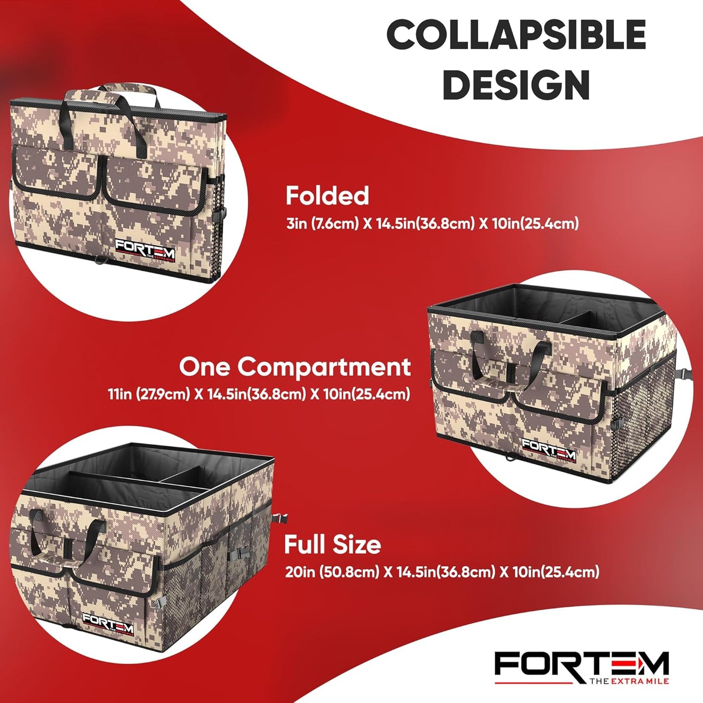 FORTEM Car Trunk Organizer, Collapsible Multi Compartment Car Organizer, Foldable SUV Storage for Car Accessories for Women Men, Non Slip Bottom, Securing Straps, Soft Cover 50L (Black, Standard)