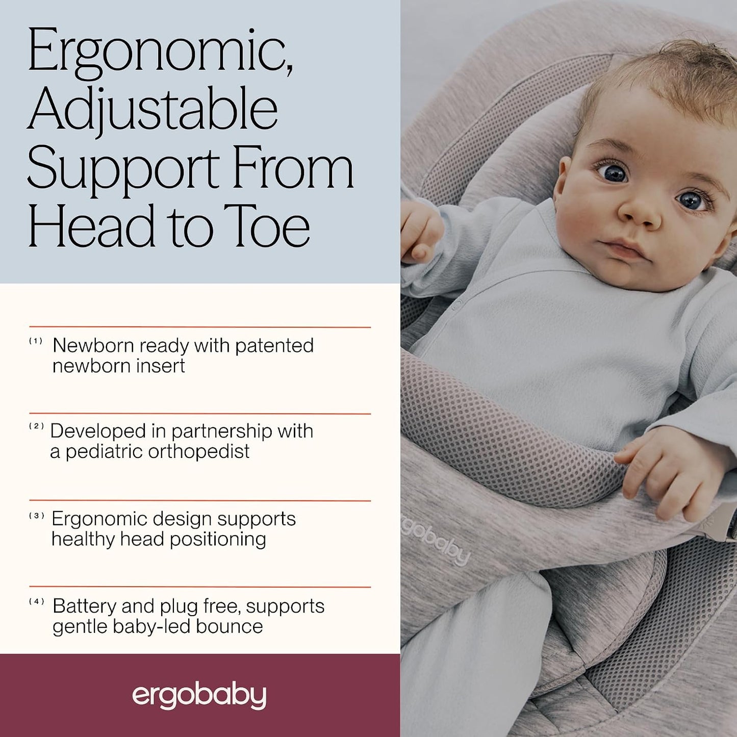Ergobaby Evolve 3-in-1 Bouncer Seat for Babies and Toddlers 5.5-25 lbs Multi Position Baby Bouncer Seat with Adjustable Heights, Secure Harness, Newborn Insert, Light Grey