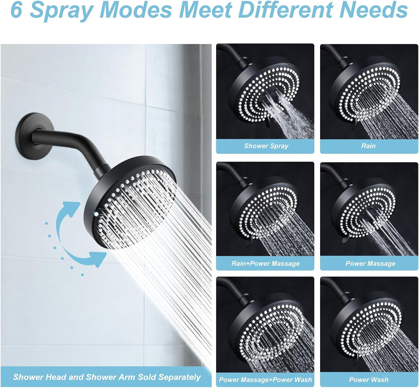 OFFO Shower Head, High Pressure Shower Head with 6 Mode, Fixed Showerheads for Strong Water Flow & Relaxing Shower Experience, Chrome