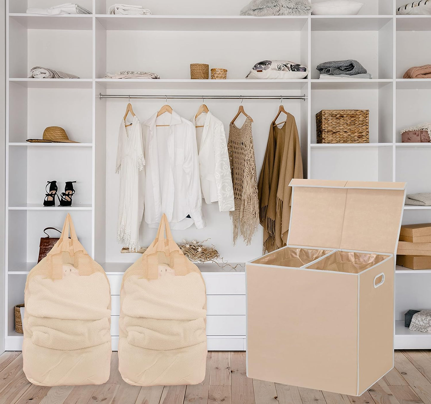 SimpleHouseware Double Laundry Hamper with Lid and Removable Laundry Bags, Beige