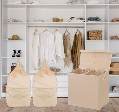 SimpleHouseware Double Laundry Hamper with Lid and Removable Laundry Bags, Beige