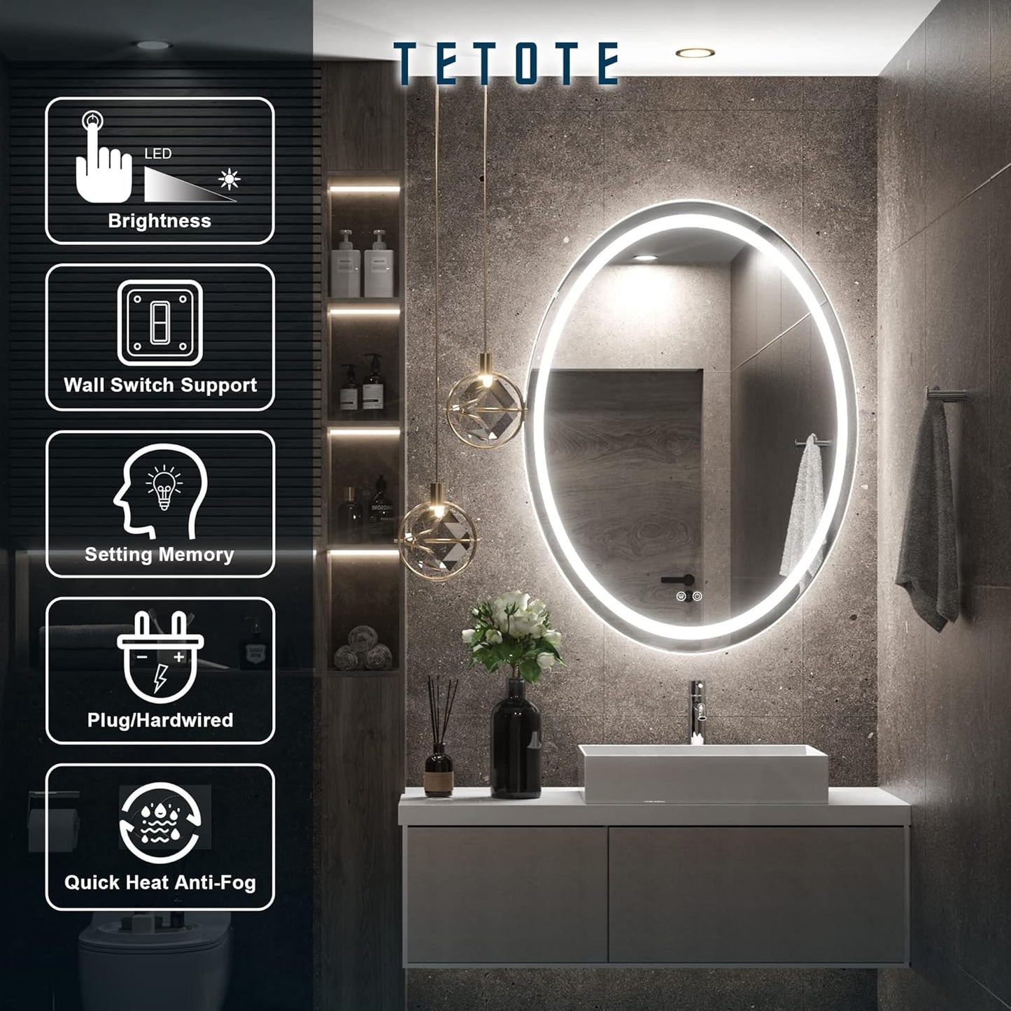 TETOTE 28 Inch Round LED Bathroom Vanity Mirror, Anti-Fog Dimmable Lights IP54 Waterproof Circle Makeup Wall Mounted Mirror