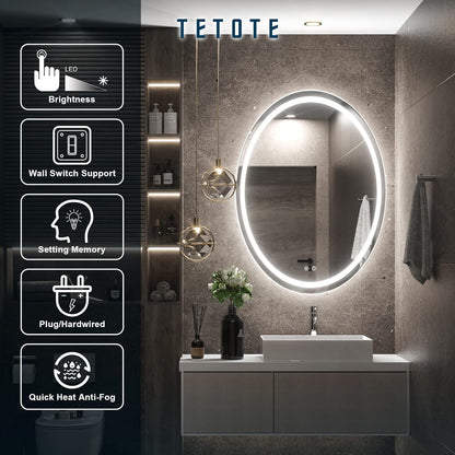 TETOTE 28 Inch Round LED Bathroom Vanity Mirror, Anti-Fog Dimmable Lights IP54 Waterproof Circle Makeup Wall Mounted Mirror