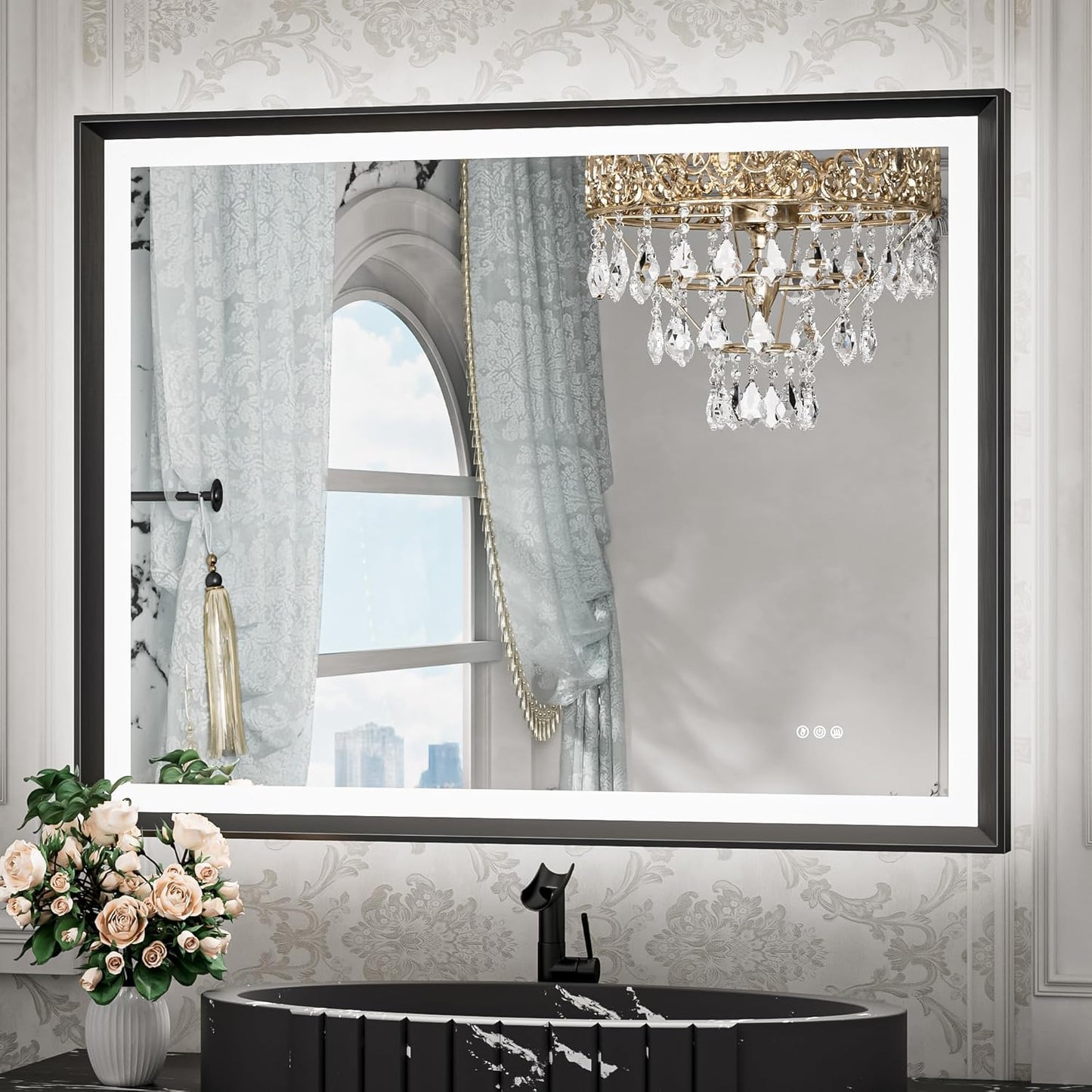 TETOTE 28x36 LED Mirror for Bathroom Black Metal Frame Frontlit & Backlit Lighted Vanity Mirror Baroque Gothic Anti Fog Stepless Dimmable White/Warm/Natural,Wall Mounted(Horizontal/Vertical)