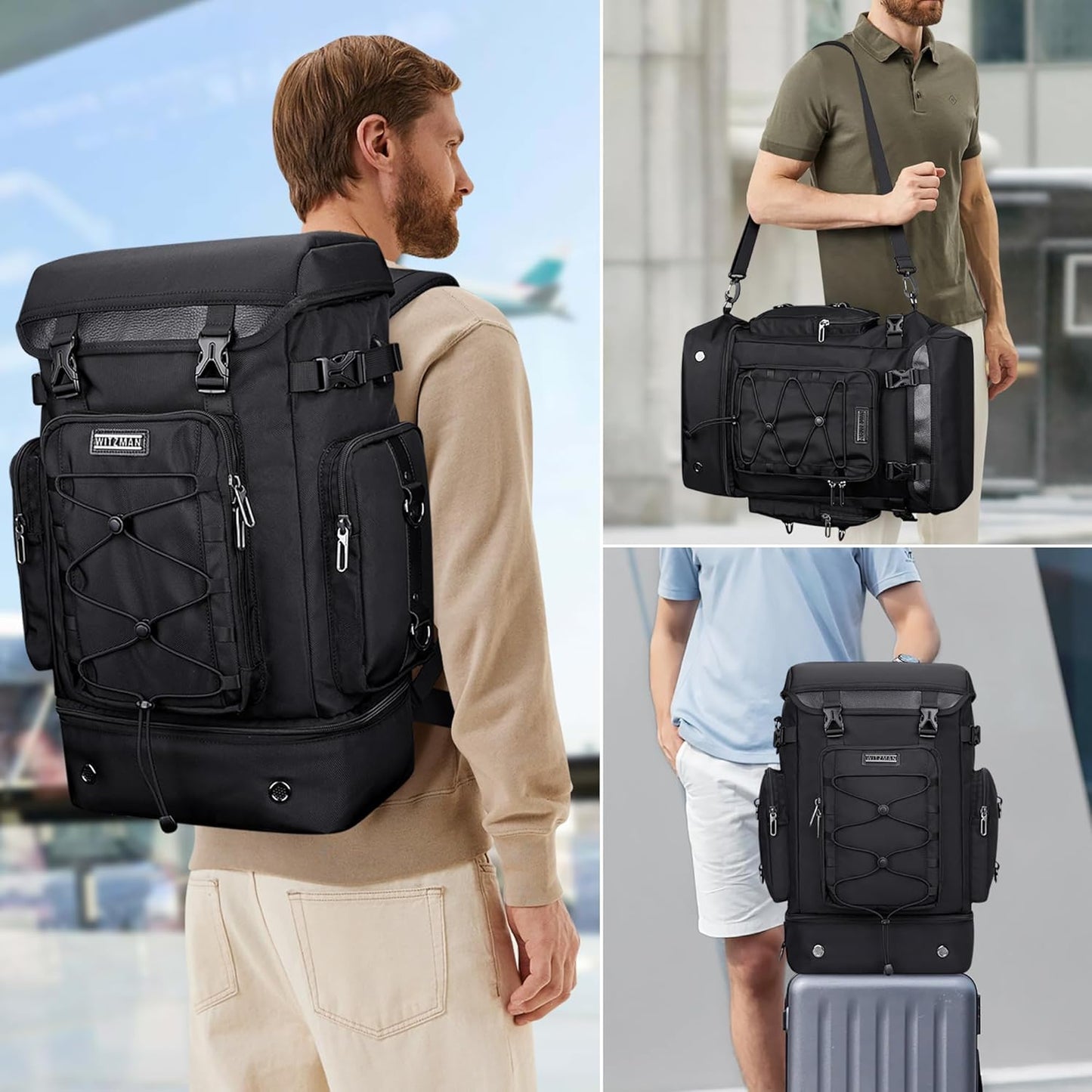 WITZMAN Travel Backpack for Men Women Carry on Bags for Airline Approved Convertible Duffle Luggage Backpack Shoe Compartment