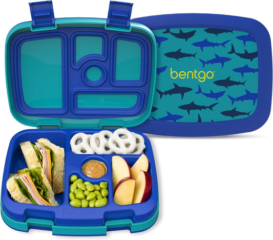 Bentgo Kids Prints (Sharks) - Leak-Proof, 5-Compartment Bento-Style Kids Lunch Box - Ideal Portion Sizes for Ages 3 to 7 - BPA-Free and Food-Safe Materials