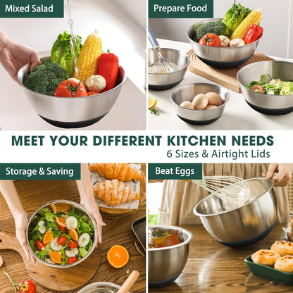 Mixing Bowls with Airtight Lids，6 Piece Stainless Steel Metal Nesting Storage Bowls by Umite Chef, Non-Slip Bottoms Size 7, 3.5, 2.5, 2.0,1.5, 1QT, Great for Mixing & Serving(Black)