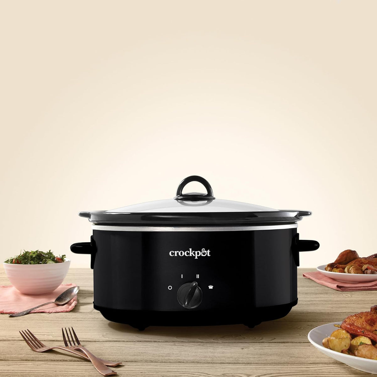 7-Quart Manual Slow Cooker | Black Oval Cooker with 3 Heat Settings