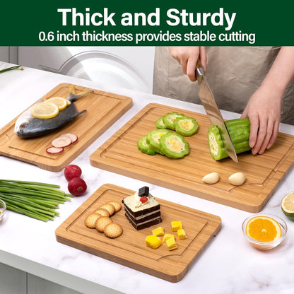 Bamboo Cutting Board Set of 3, Cutting Boards for Kitchen with Juice Groove, Bamboo Chopping Board Set, Serving Board Set for Meat, Fruit Vegetable and Cheese