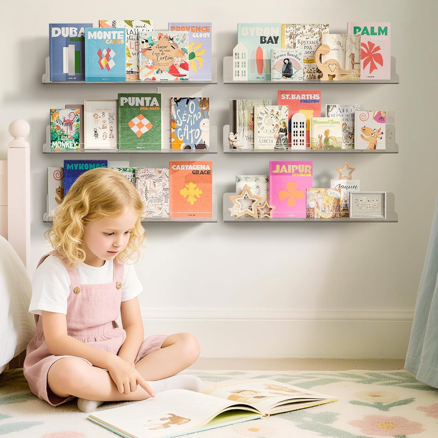 upsimples Clear Acrylic Shelves for Storage, 15" Floating Shelves Wall Mounted for Kids Bookshelf/Display Ledge for Bedroom, Living Room, Bathroom, Kitchen, Set of 4