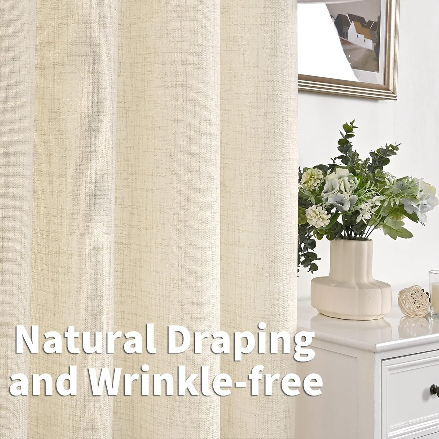 YoungsTex Natural Linen Curtains 84 Inch Long for Living Room Bedroom Grommet Top Light Filtering Privacy Linen Textured Window Semi Sheer Drapes, 2 Panels, 52x84 Inch, Natural