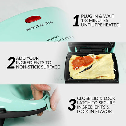 Nostalgia MyMini Personal Sandwich Maker, Nonstick Panini Press, Pizza Pockets, Quesadillas, Mint Green