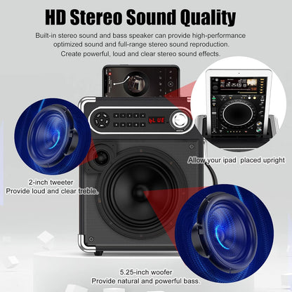 JYX Karaoke Machine with Two Wireless Microphones, Portable Bluetooth Speaker with Bass/Treble Adjustment, Remote Control and LED Lights, Supports TF Card/USB, AUX in, FM, REC for Party