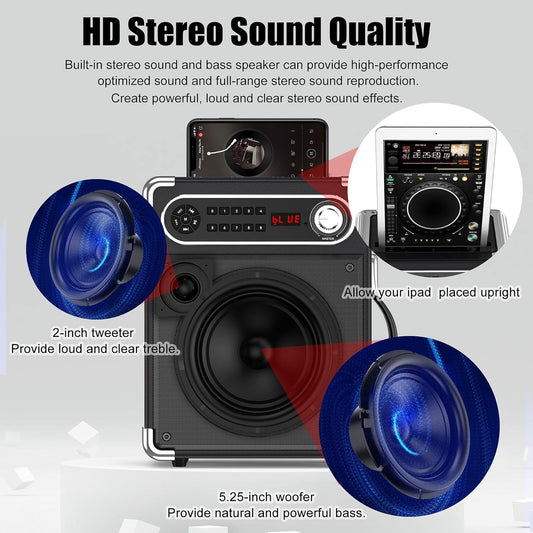 JYX Karaoke Machine with Two Wireless Microphones, Portable Bluetooth Speaker with Bass/Treble Adjustment, Remote Control and LED Lights, Supports TF Card/USB, AUX in, FM, REC for Party - PuriLite