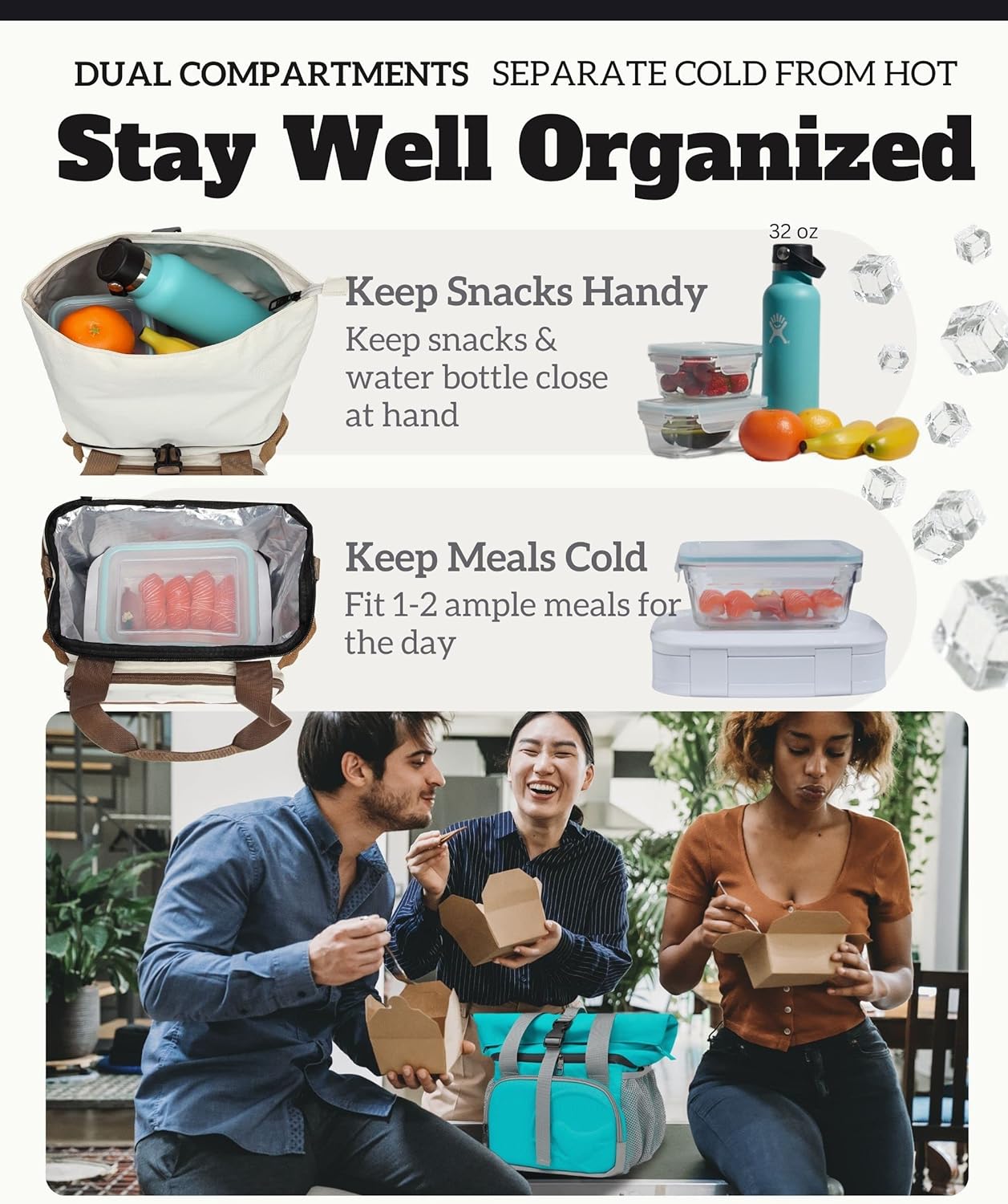 SUNNY BIRD Dual Compartment Lunch Bag Insulated Lunch Box for Women and Men (Green with Boho Strap)