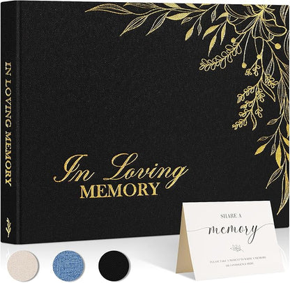 Lanpn Funeral Guest Book for Memorial Service, Linen in Loving Memory Registry Guest Book, Funeral Favors Sign in Books for Guests Celebration of Life Memory Book for Funeral with Table Sign, Black