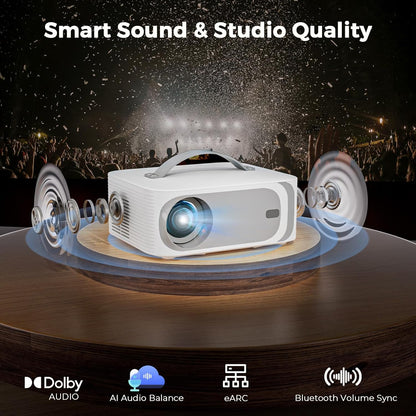 [AI OS/1200ANSI/Official-Apps] Projector 4K, Smart TV Projector Bluetooth 5.2 WiFi 6: Auto Keystone Focus, 30W Dolby Audio, Native 1080P HDR10+, Lisowod 2025 Portable Projecteur for Outdoor/Home Movie
