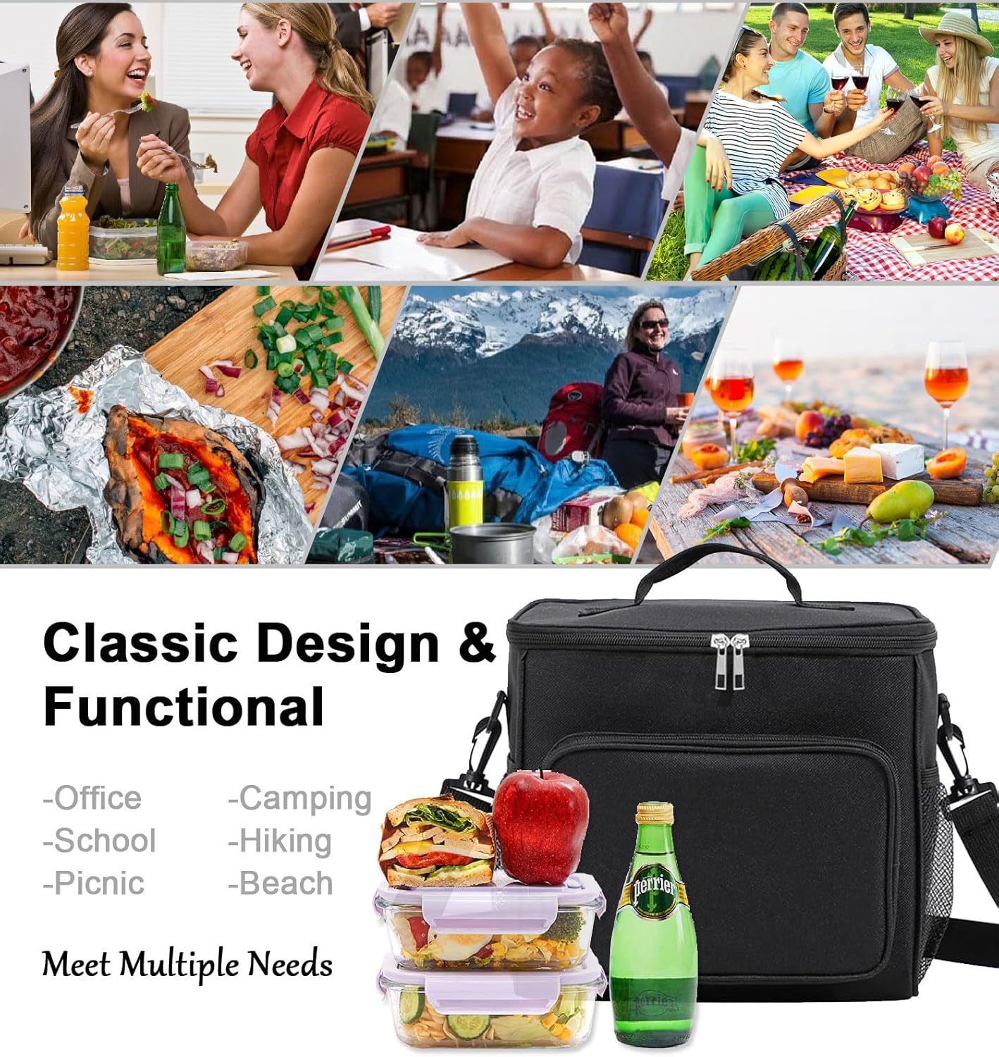 Lunch Bag for Adult Men Women Reusable 10L Large Thermos Lunch Box Food Cooler Bag Leakproof Heated Lunch Bag for Work Office Outdoor Picnic School Unisex Insulated Bag, 12+ Cans (Black)