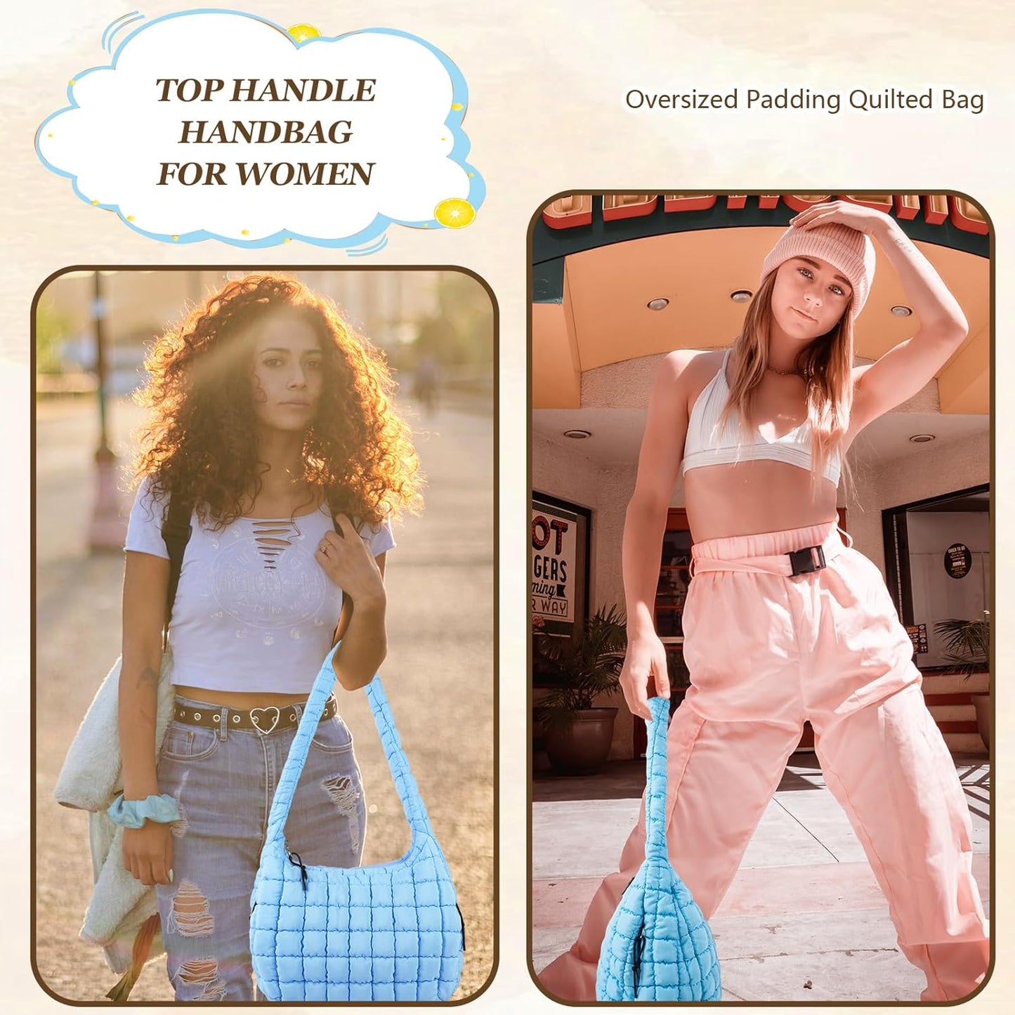 Quilted Puffer Tote Bag Large Crossbody Shoulder Bag with Zipper, Nylon Hobo Oversized Handbag