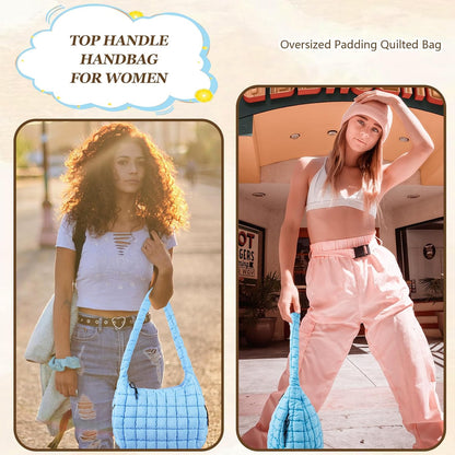 Quilted Puffer Tote Bag Large Crossbody Shoulder Bag with Zipper, Nylon Hobo Oversized Handbag