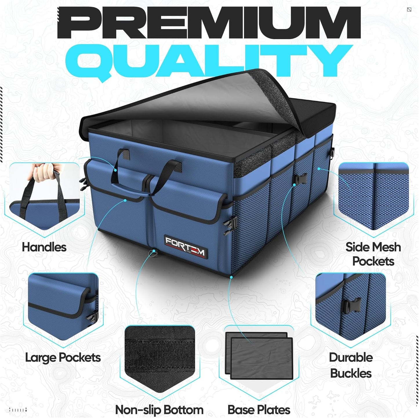 FORTEM Car Trunk Organizer, Collapsible Multi Compartment Car Organizer, Foldable SUV Storage for Car Accessories for Women Men, Non Slip Bottom, Securing Straps, Soft Cover 50L (Black, Standard)