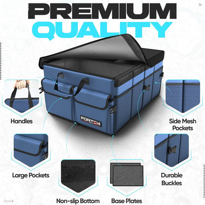 FORTEM Car Trunk Organizer, Collapsible Multi Compartment Car Organizer, Foldable SUV Storage for Car Accessories for Women Men, Non Slip Bottom, Securing Straps, Soft Cover 50L (Black, Standard)