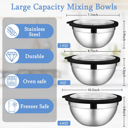 LIANYU Mixing Bowls Sets of 3, Stainless Steel Metal Nesting Mixing Bowl Sets for Kitchen, Large and Small Size 4.6 & 2.6 & 1.5QT, Include Transparent & Airtight Lids, Dishwasher & Freezer Safe, Black