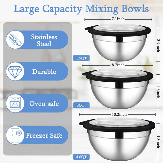 LIANYU Mixing Bowls Sets of 3, Stainless Steel Metal Nesting Mixing Bowl Sets for Kitchen, Large and Small Size 4.6 & 2.6 & 1.5QT, Include Transparent & Airtight Lids, Dishwasher & Freezer Safe, Black