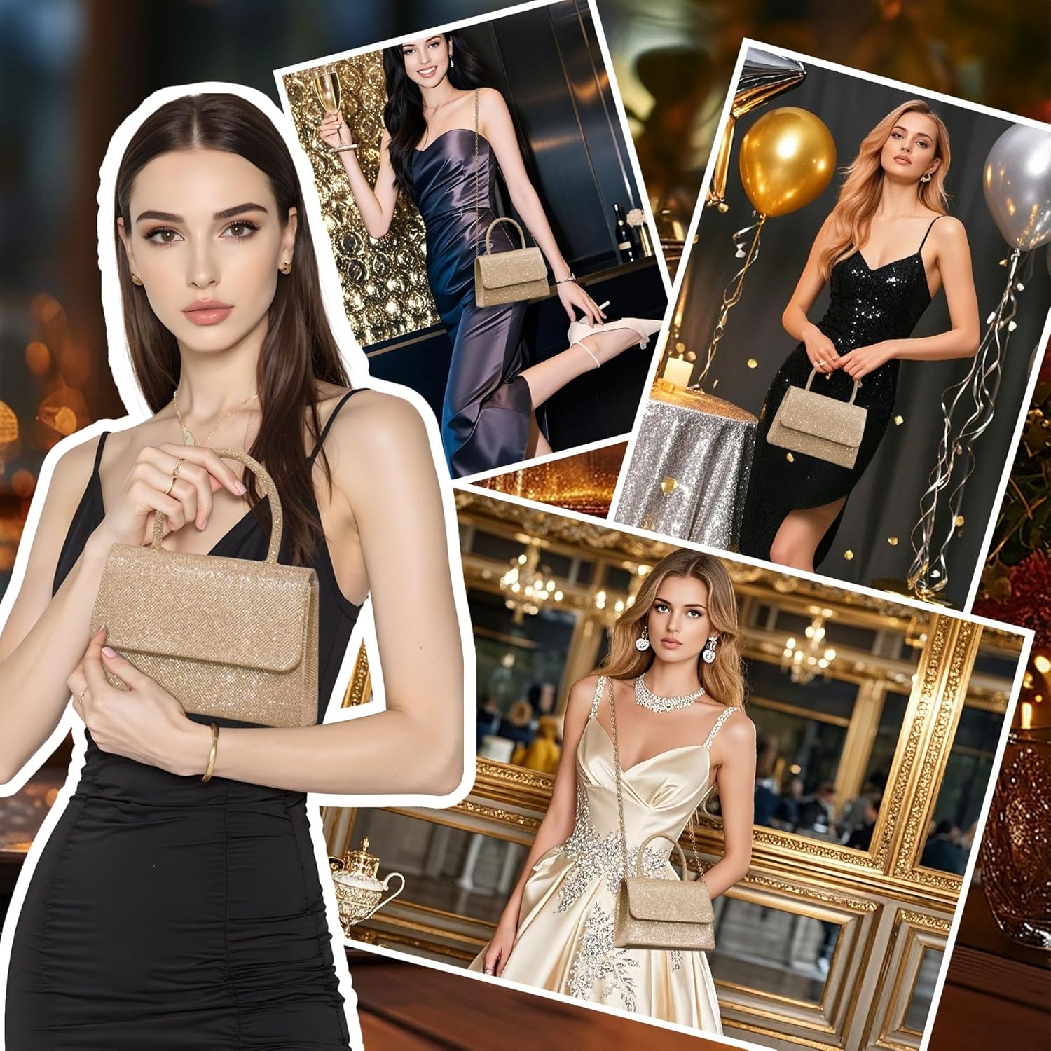 Larcenciel Women's Evening Handbags, Glitter Top Handle Evening Purse w/Chain, Chic Ladies Crossbody Bag for Party Prom Date - PuriLite