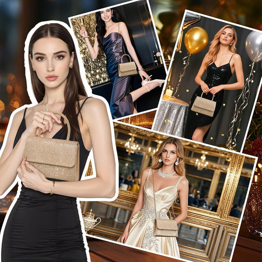 Larcenciel Women's Evening Handbags, Glitter Top Handle Evening Purse w/Chain, Chic Ladies Crossbody Bag for Party Prom Date - PuriLite