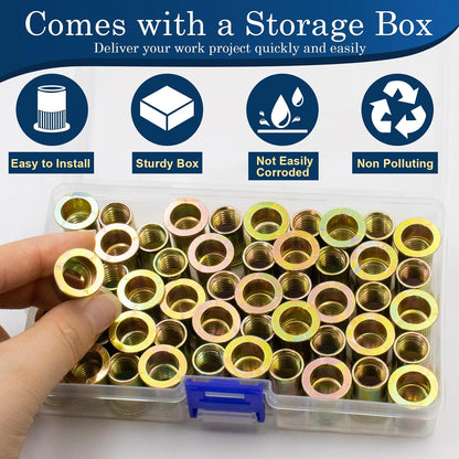 Vifmy Metric & SAE Rivet Nut Assortment Kit(420 Pcs),m3 m4 m5 m6 m8 m10 m12#6-32#8-32#10-24 1/4"-20 5/16"-18 3/8"-16 UNC Flat Head Rivnut Set,Zinc Plated Finish Carbon Steel Nutsert