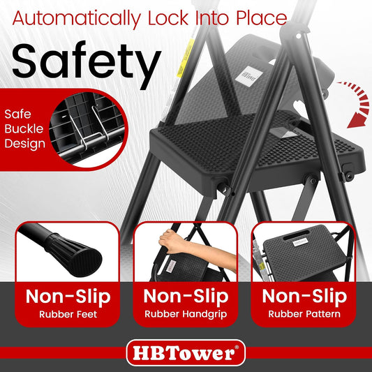 HBTower 3 Step Ladder, Folding Step Stool with Wide Anti-Slip Pedal, 500lbs Sturdy Steel Ladder, Convenient Handgrip, Lightweight, Portable Steel Step Stool, Black