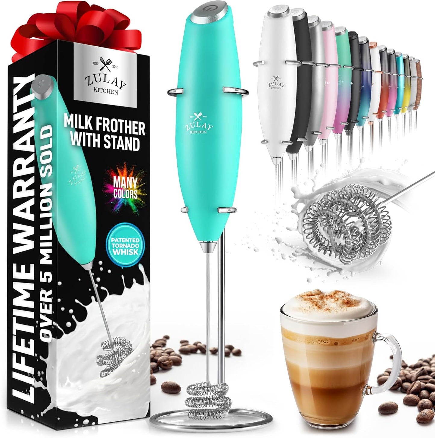 Zulay Kitchen Powerful Double Whisk Milk Frother Handheld - Foam Maker with Stand - Whisk Drink Mixer for Coffee, Mini Foamer for Latte, Matcha, Frappe, Hot Chocolate & Cappuccino (Black)