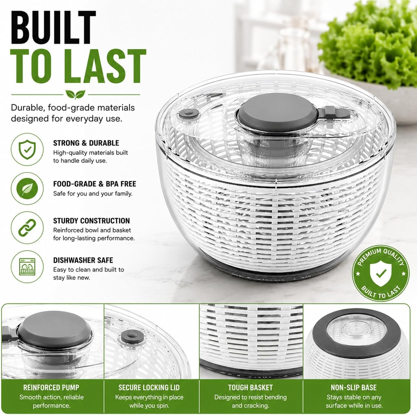 3.6L Salad Spinner – Manual Vegetable & Lettuce Dryer, Plastic Colander Bowl with Quick Spin Drain System – Kitchen Fruit & Veg Washer Dryer – 21 x 21 x 13 cm, 750g