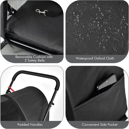 Giantex Double Pet Carrier with 2 Detachable Bags, Safety Belt, 4 Lockable Wheels, Cat & Dog Stroller, Folding Travel Carrier for Small & Medium Pets (Black)