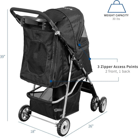 VIVO Black 4 Wheel Pet Stroller for Cat, Dog and More, Foldable Carrier Strolling Cart (STROLR-V001K)