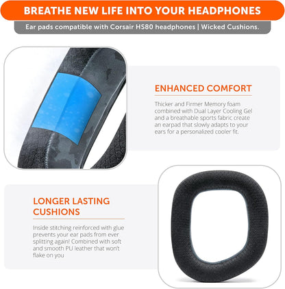 WC Freeze HS80 - Cooling Gel Earpads for Corsair HS80 RGB Wireless, Wired, & HS80 Max by Wicked Cushions - Elevate Comfort, Thickness & Sound Isolation for Epic Gaming Sessions | Black