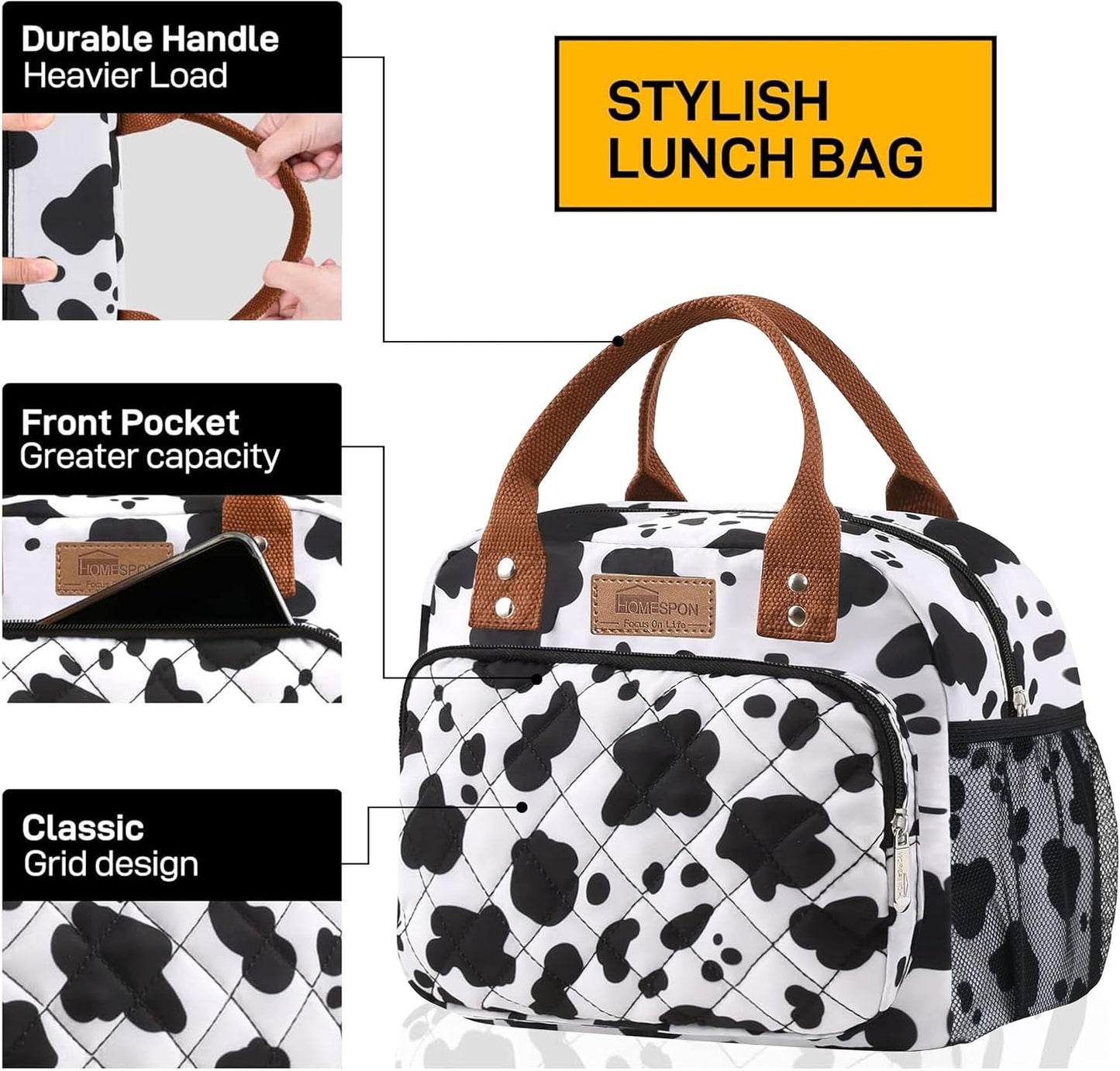 HOMESPON Lunch Bag for Woman Man Adults with Front Pocket Insulated Lunch Tote Lunch Box Container for Work Picnic or Travel(Black)