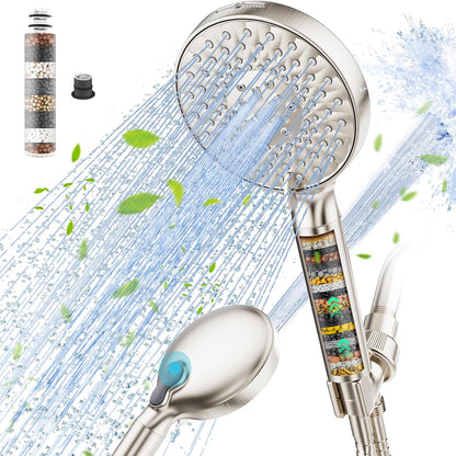 Filtered Shower Head with Handheld, High Pressure 9 Spray Mode Chrome Showerhead with Filters,Detachable Shower Head,Water Softener Filters Beads for Hard Water -Remove Chlorine