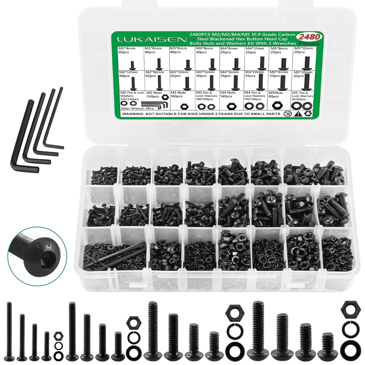 860PCS Metric Screw Assortment Kit, M2 M3 M4 M5 Machine Screws with Lock & Flat Washers, 10.9 Grade Alloy Steel, Metric Hex Button Head Cap Nuts and Bolts Assortment Kit with 4 Wrenches